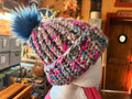 Chunky Monkey Pom Pom Hand Knit Hat-Taupe, Blues & Fuchsia w/Navy Blue Pom-Pom
