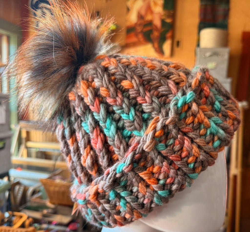 Chunky Monkey Pom Pom Hand Knit Hat-Turquoise, Coral & Taupe with Silver and Rust Pom-Pom