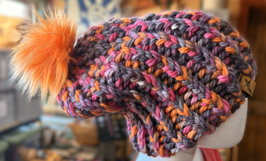 Chunky Monkey Pom Pom Hand Knit Hat Dusky Purples, Fuschia,  Soft Orange with Orange Pom-Pom