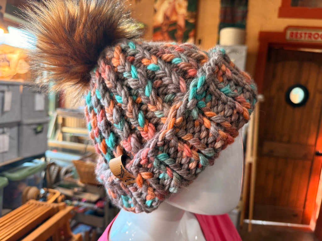 Chunky Monkey Pom Pom Hand Knit Hat-Turquoise, Coral & Taupe with Soft Orange tipped Black Pom-Pom