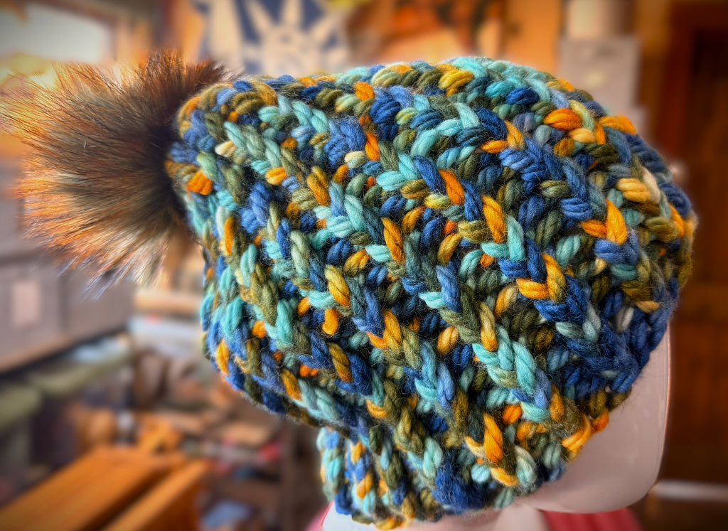 Chunky Monkey Pom Pom Hand Knit Hat-Greens, Blues & Golds/Soft Green/Rust/Tipped Black Pom-Pom