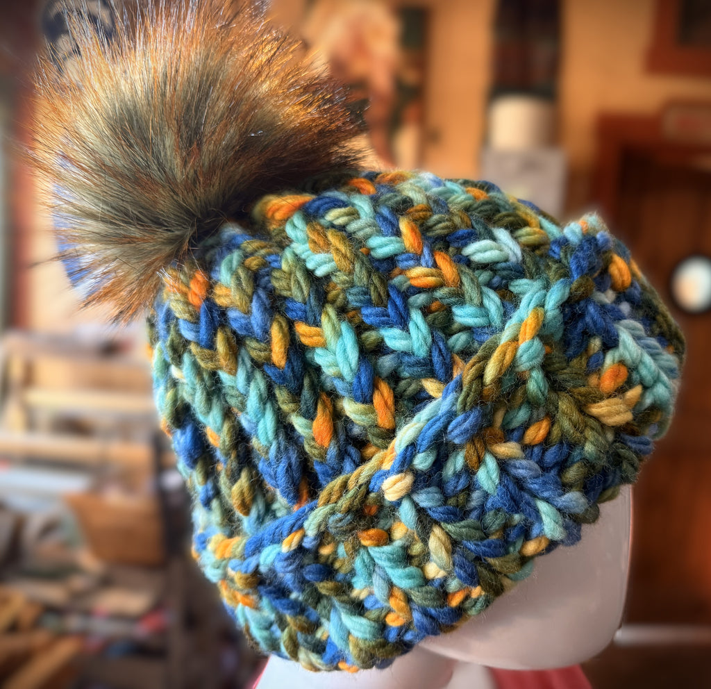 Chunky Monkey Pom Pom Hand Knit Hat-Greens, Blues & Golds/Soft Green/Rust/Tipped Black Pom-Pom