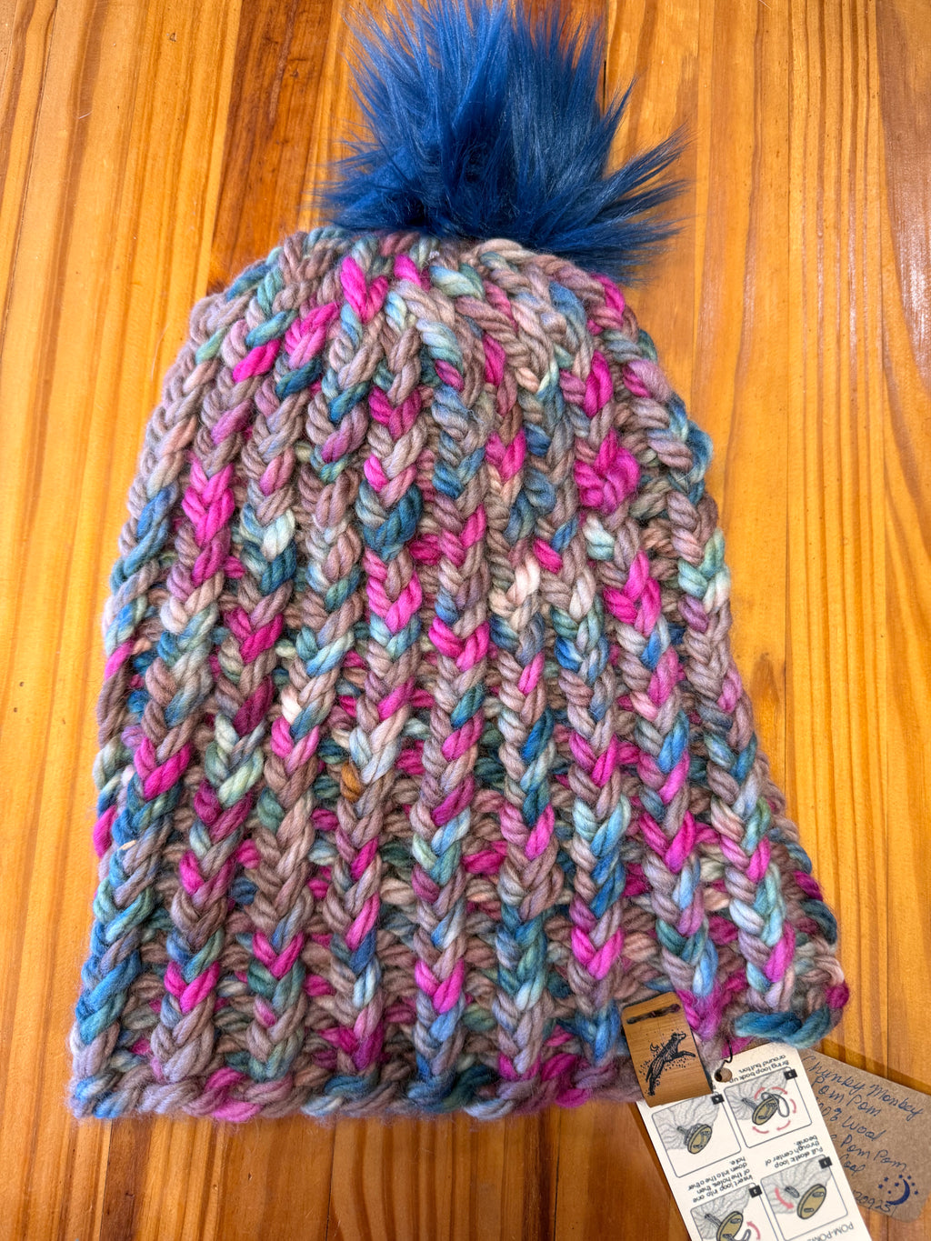 Chunky Monkey Pom Pom Hand Knit Hat-Taupe, Blues & Fuchsia w/Navy Blue Pom-Pom