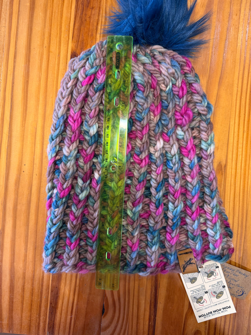 Chunky Monkey Pom Pom Hand Knit Hat-Taupe, Blues & Fuchsia w/Navy Blue Pom-Pom