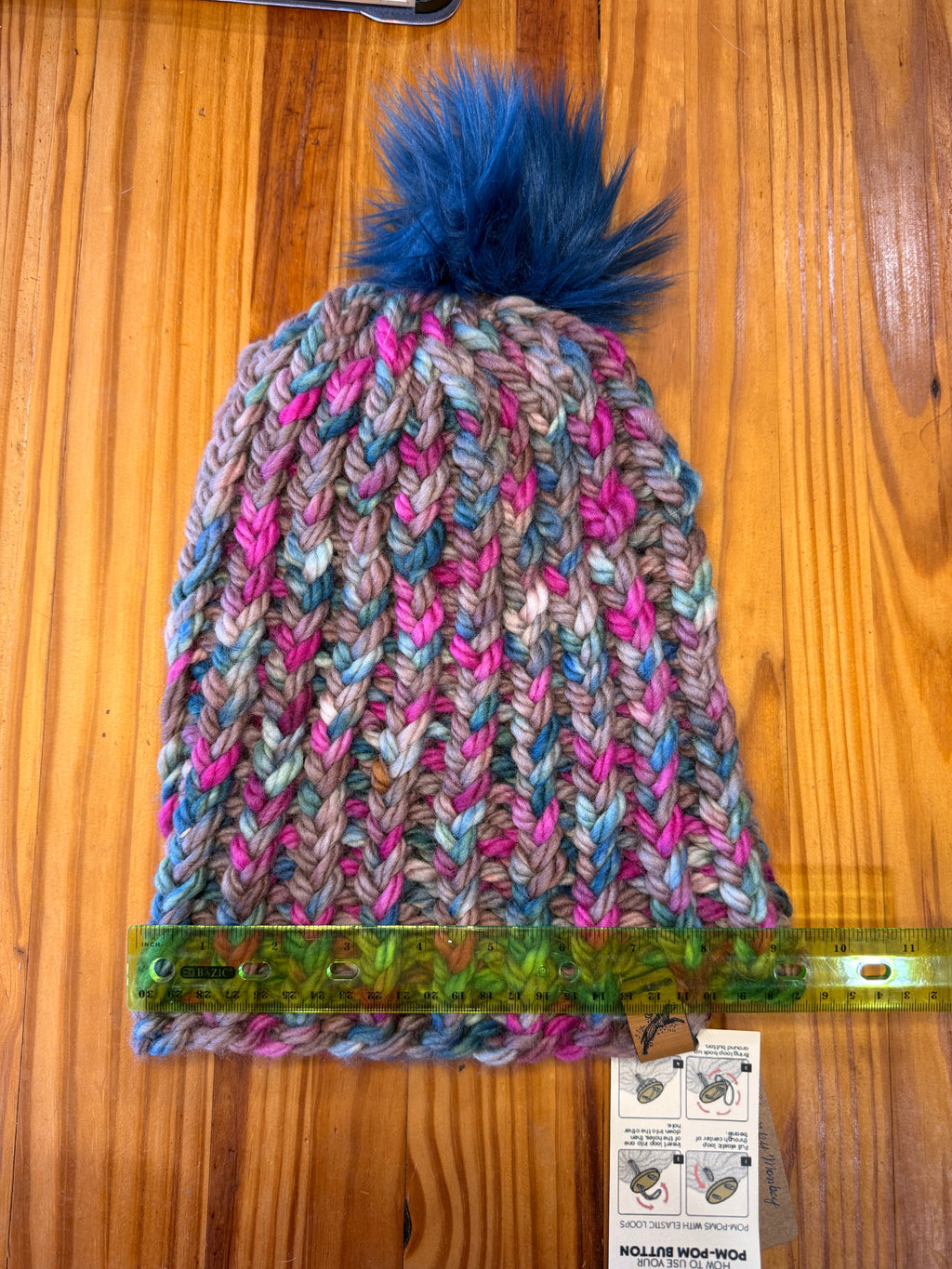 Chunky Monkey Pom Pom Hand Knit Hat-Taupe, Blues & Fuchsia w/Navy Blue Pom-Pom