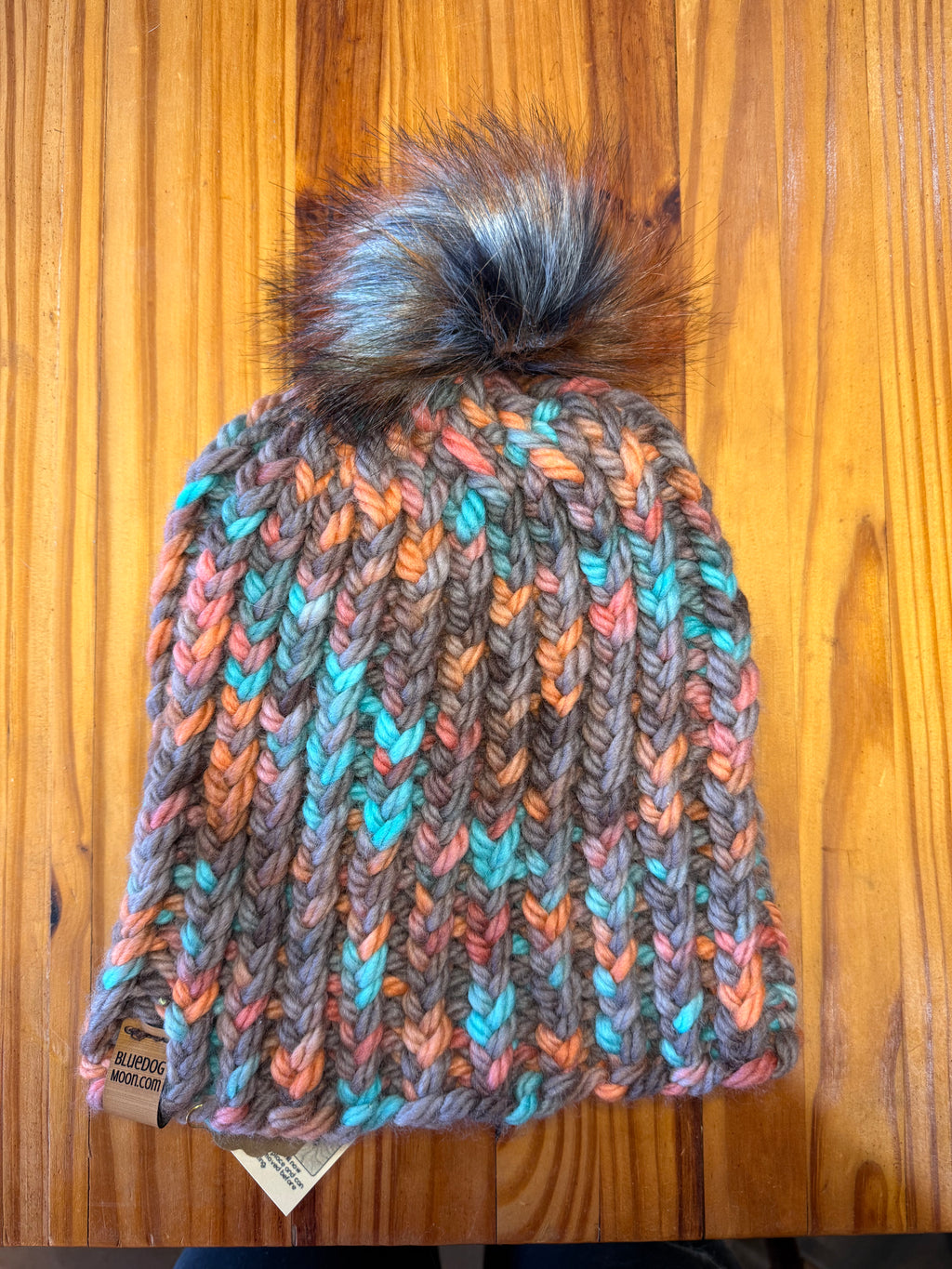 Chunky Monkey Pom Pom Hand Knit Hat-Turquoise, Coral & Taupe with Silver and Rust Pom-Pom