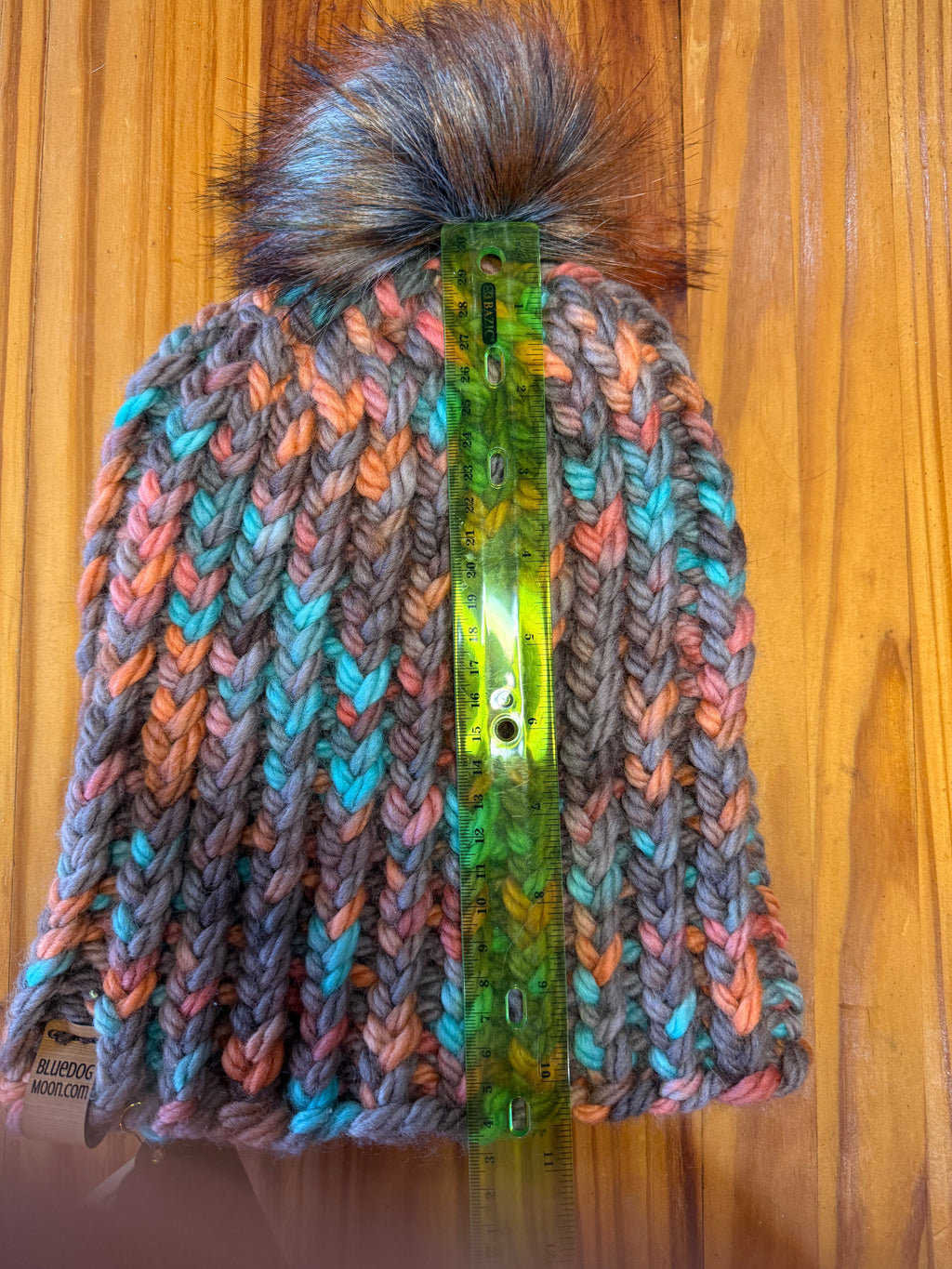 Chunky Monkey Pom Pom Hand Knit Hat-Turquoise, Coral & Taupe with Silver and Rust Pom-Pom