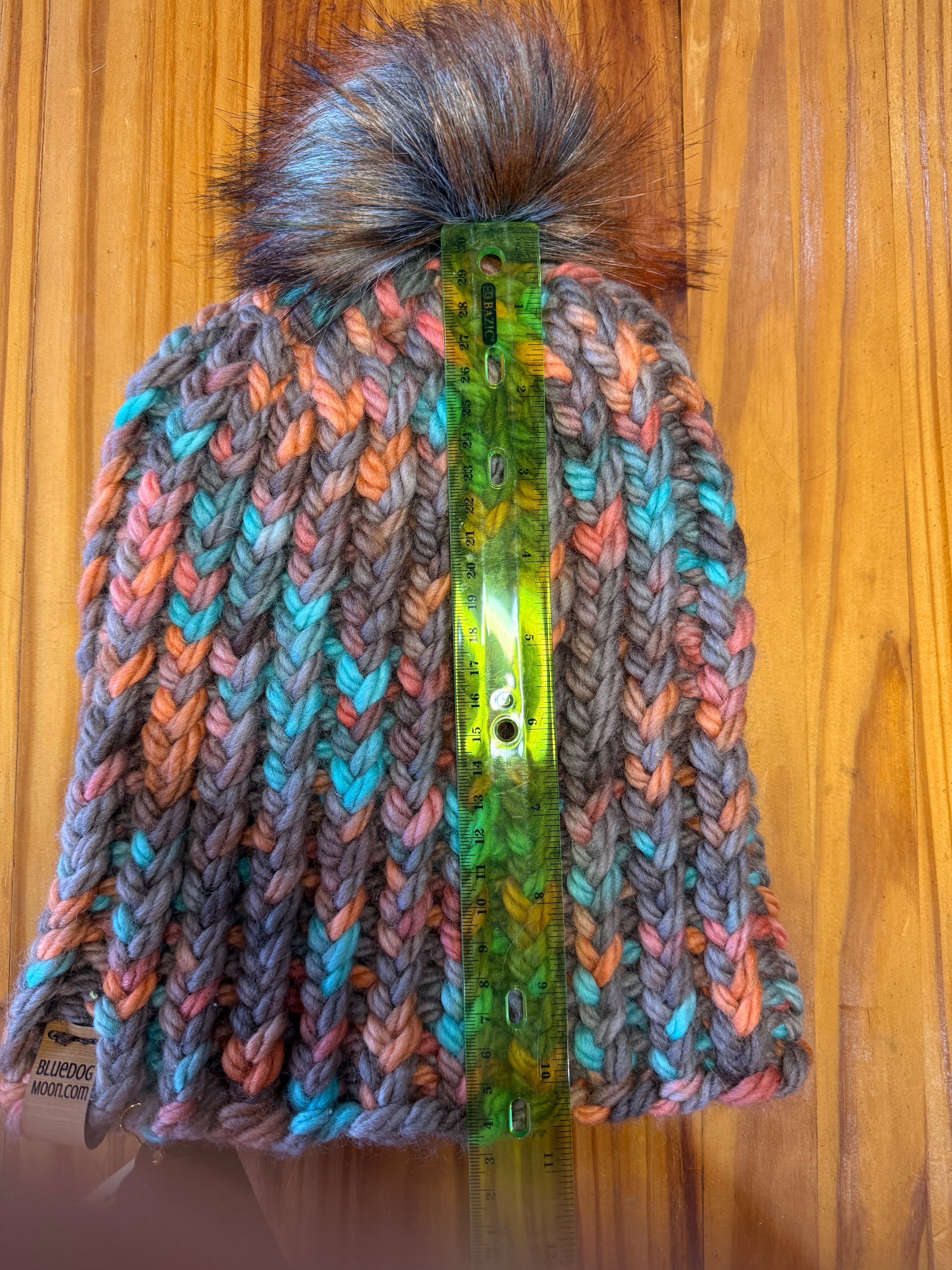 Chunky Monkey Pom Pom Hand Knit Hat-Turquoise, Coral & Taupe with Silver and Rust Pom-Pom