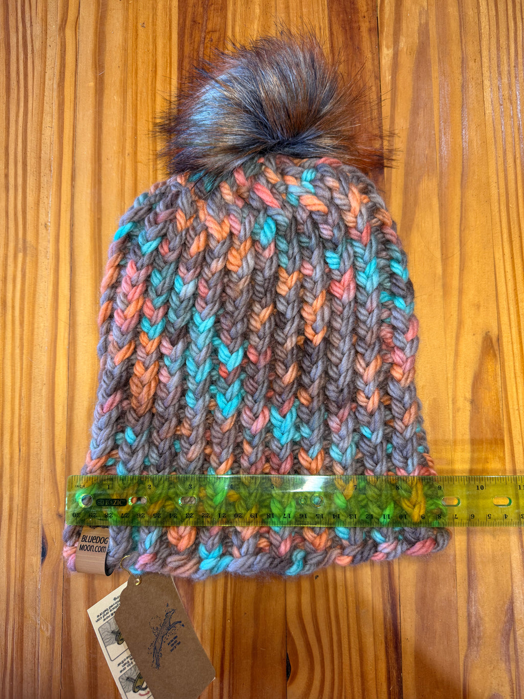 Chunky Monkey Pom Pom Hand Knit Hat-Turquoise, Coral & Taupe with Silver and Rust Pom-Pom
