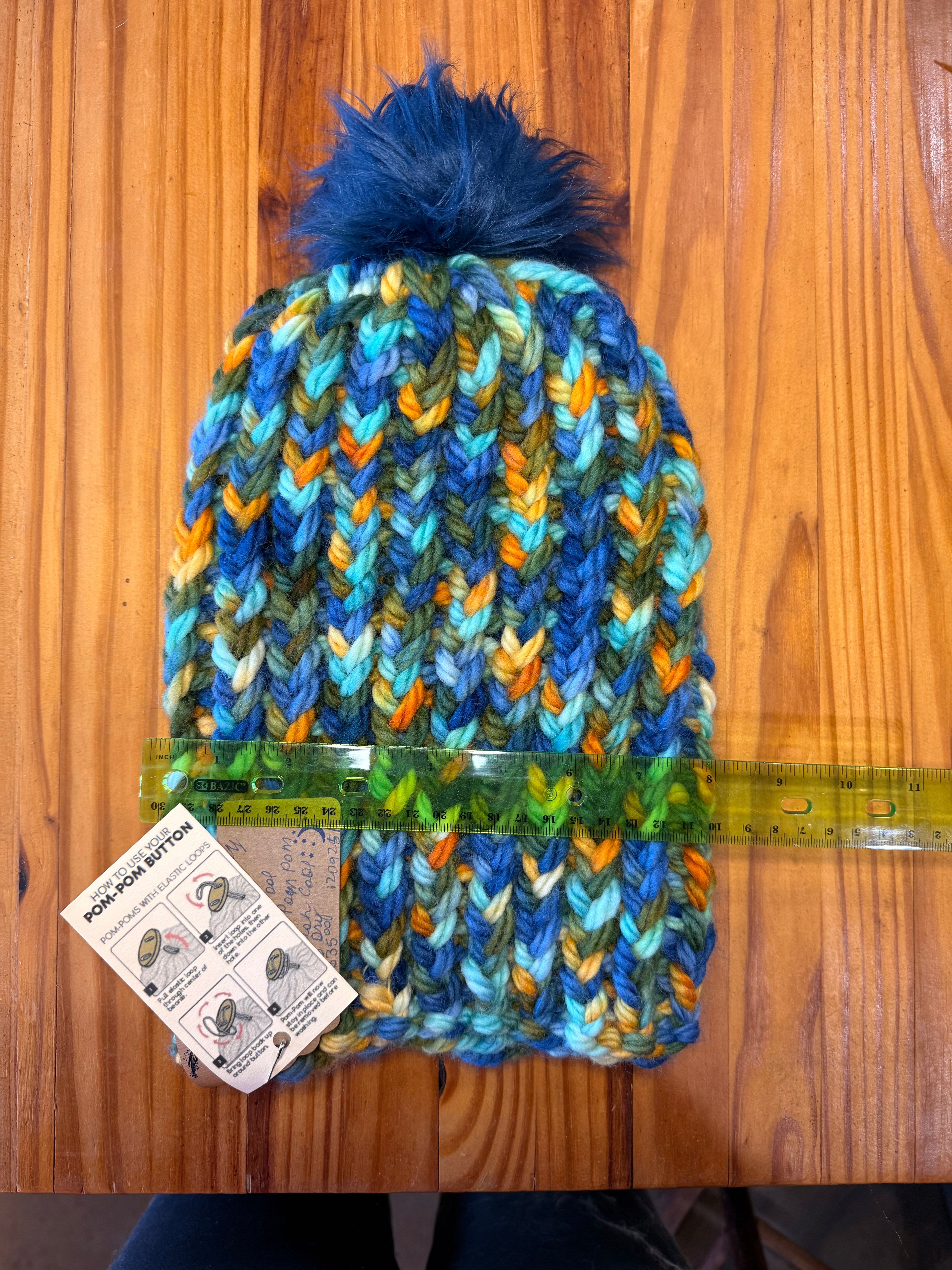 Chunky Monkey Pom Pom Hand Knit Hat-Greens, Blues & Golds/Navy Blue Pom-Pom