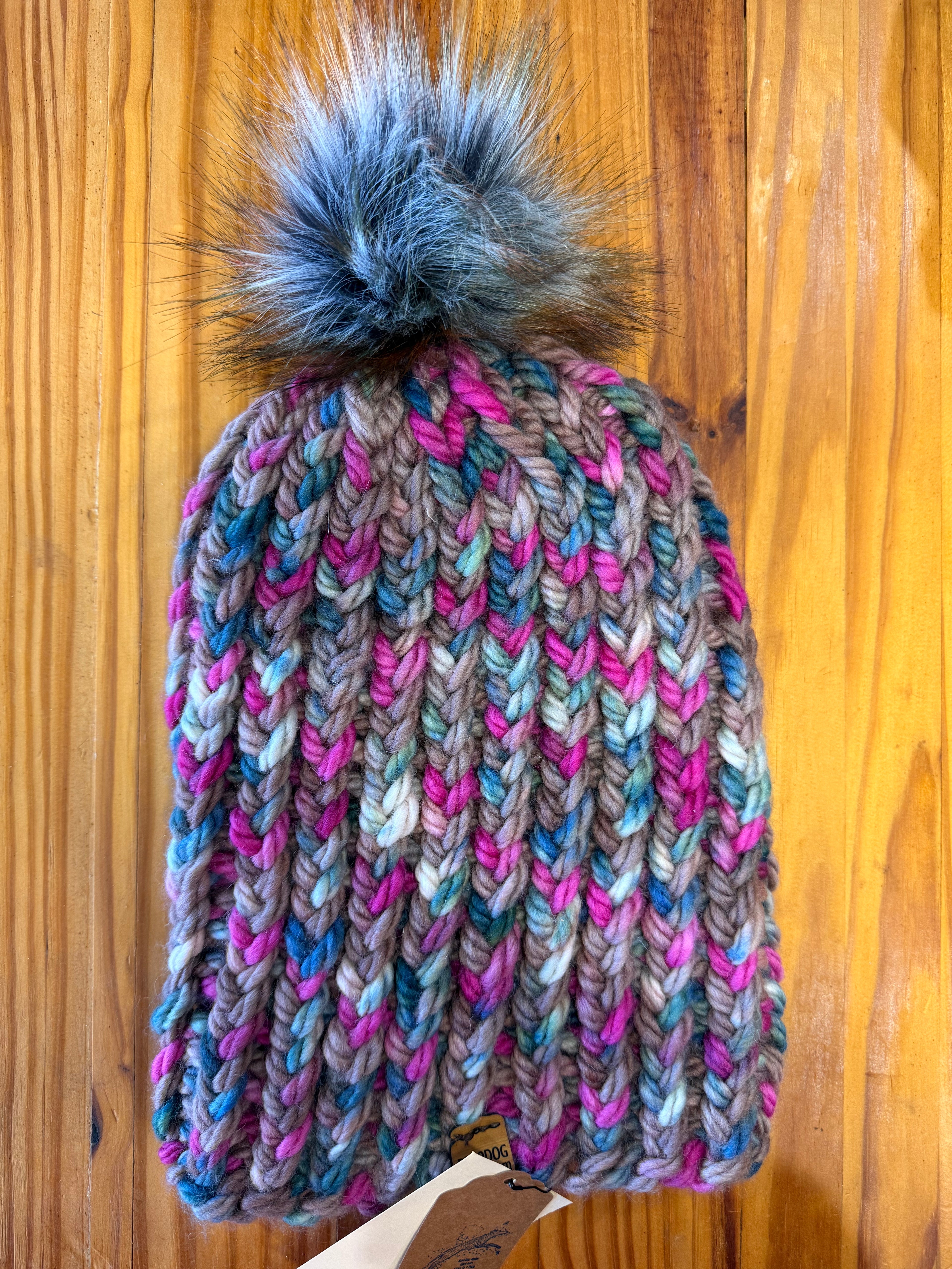 Chunky Monkey Pom Pom Hand Knit Hat-Blues, Fuchsia and Taupe w/Silver & Copper Pom-Pom