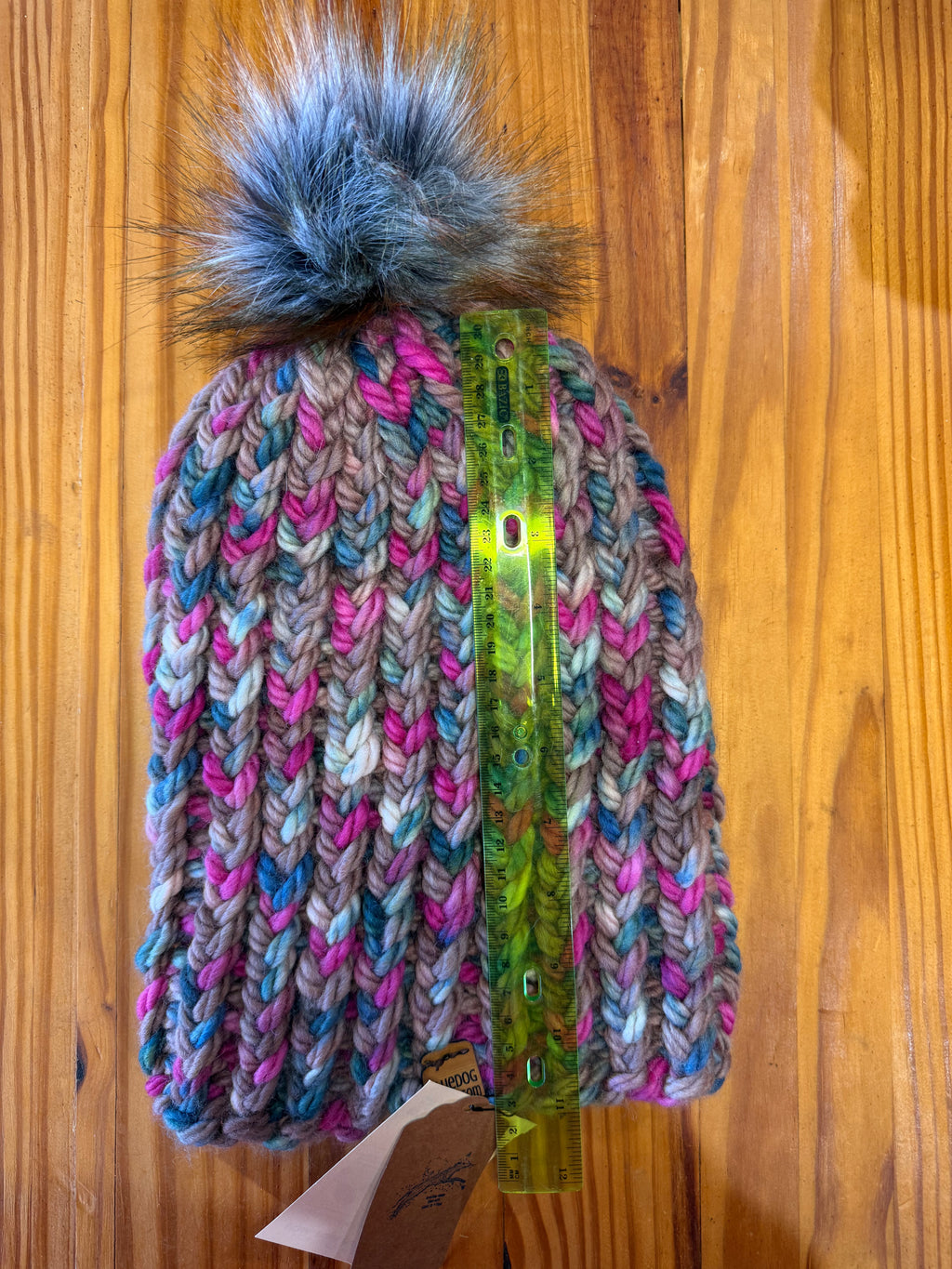 Chunky Monkey Pom Pom Hand Knit Hat-Blues, Fuchsia and Taupe w/Silver & Copper Pom-Pom