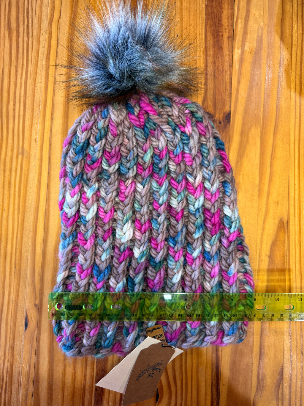 Chunky Monkey Pom Pom Hand Knit Hat-Blues, Fuchsia and Taupe w/Silver & Copper Pom-Pom