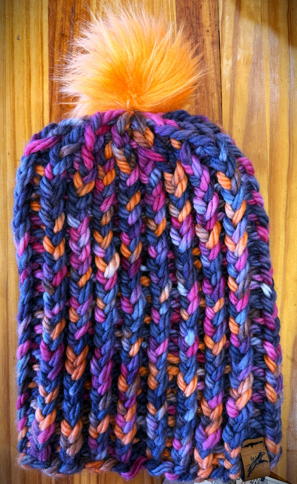 Chunky Monkey Pom Pom Hand Knit Hat Dusky Purples, Fuschia,  Soft Orange with Orange Pom-Pom