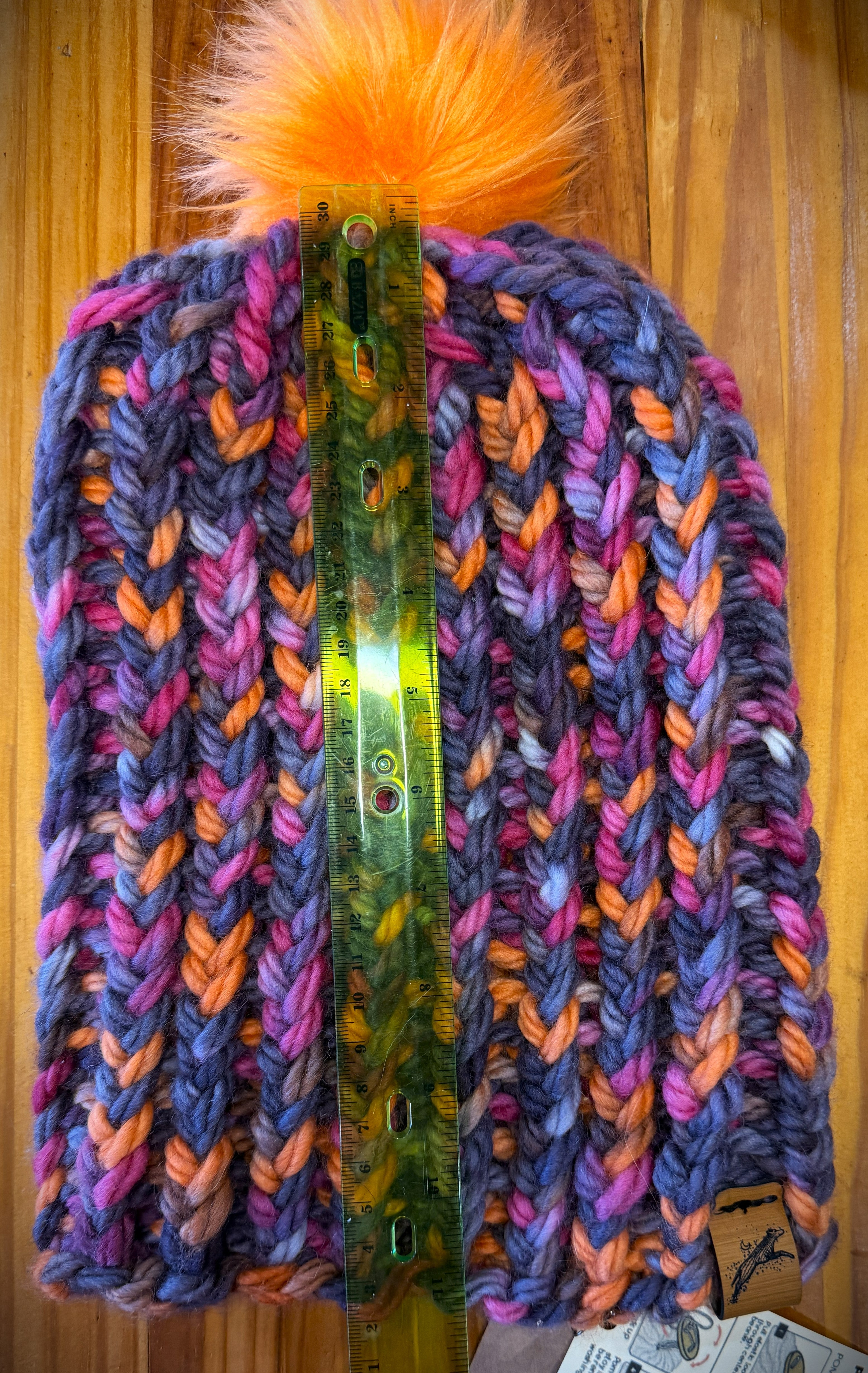 Chunky Monkey Pom Pom Hand Knit Hat Dusky Purples, Fuschia,  Soft Orange with Orange Pom-Pom
