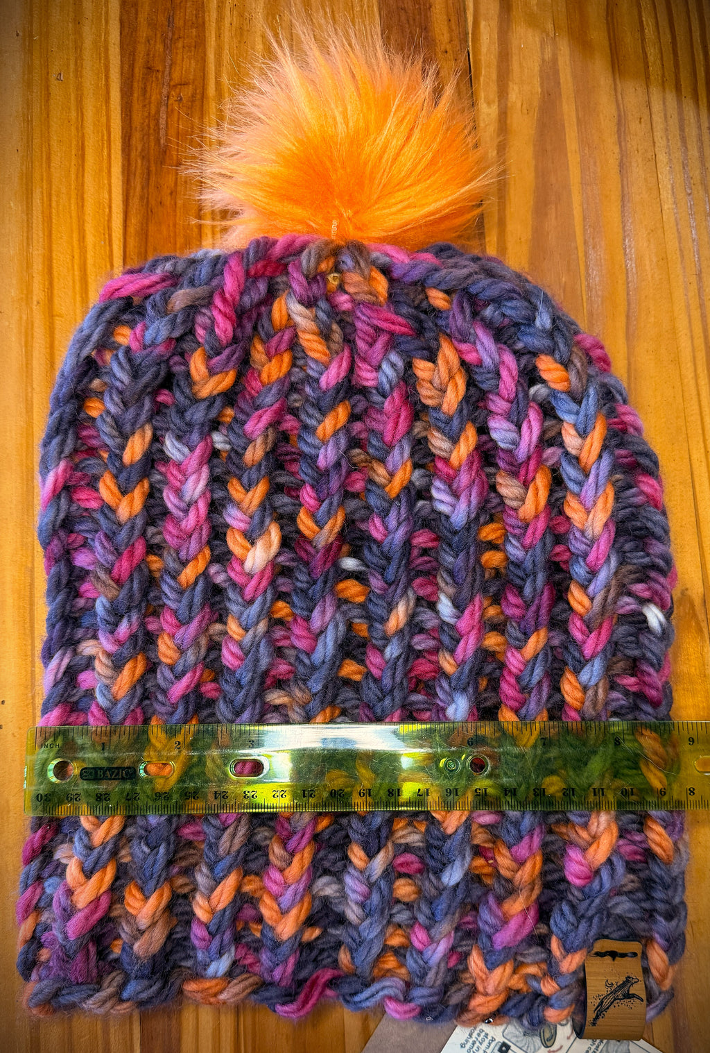 Chunky Monkey Pom Pom Hand Knit Hat Dusky Purples, Fuschia,  Soft Orange with Orange Pom-Pom