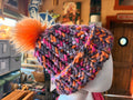 Chunky Monkey Pom Pom Hand Knit Hat Dusky Purples, Fuschia,  Soft Orange with Orange Pom-Pom