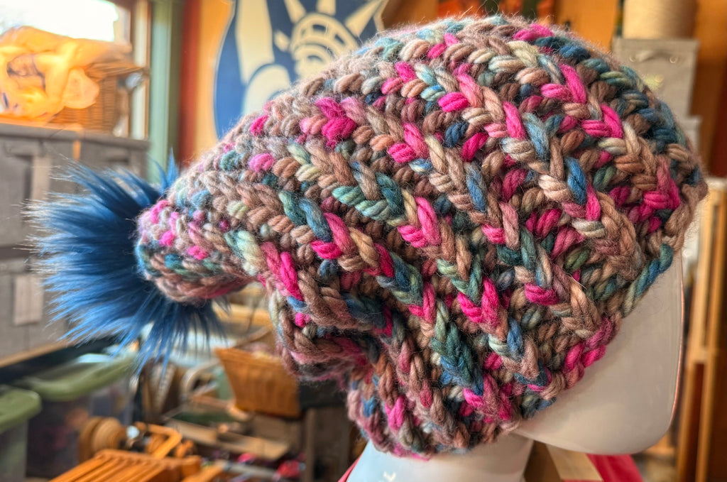 Chunky Monkey Pom Pom Hand Knit Hat-Taupe, Blues & Fuchsia w/Navy Blue Pom-Pom
