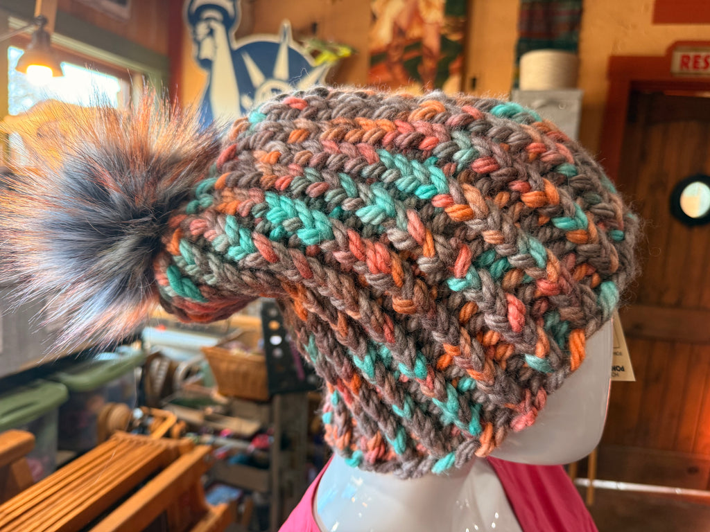 Chunky Monkey Pom Pom Hand Knit Hat-Turquoise, Coral & Taupe with Silver and Rust Pom-Pom