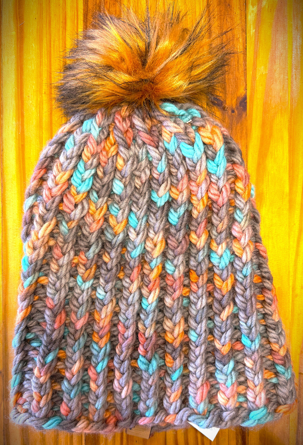 Chunky Monkey Pom Pom Hand Knit Hat-Turquoise, Coral & Taupe with Soft Orange tipped Black Pom-Pom