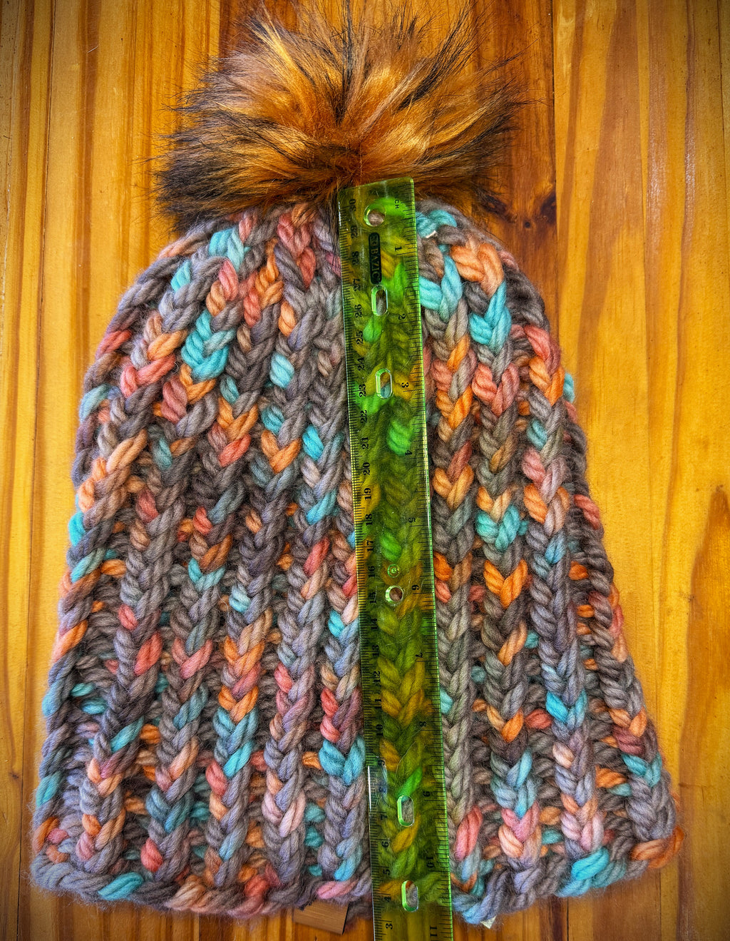 Chunky Monkey Pom Pom Hand Knit Hat-Turquoise, Coral & Taupe with Soft Orange tipped Black Pom-Pom