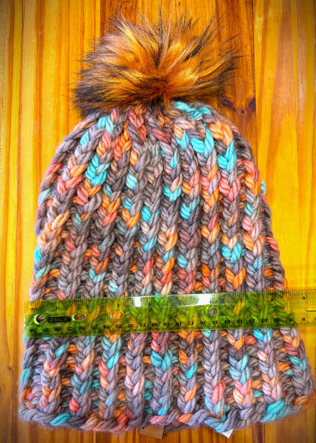 Chunky Monkey Pom Pom Hand Knit Hat-Turquoise, Coral & Taupe with Soft Orange tipped Black Pom-Pom