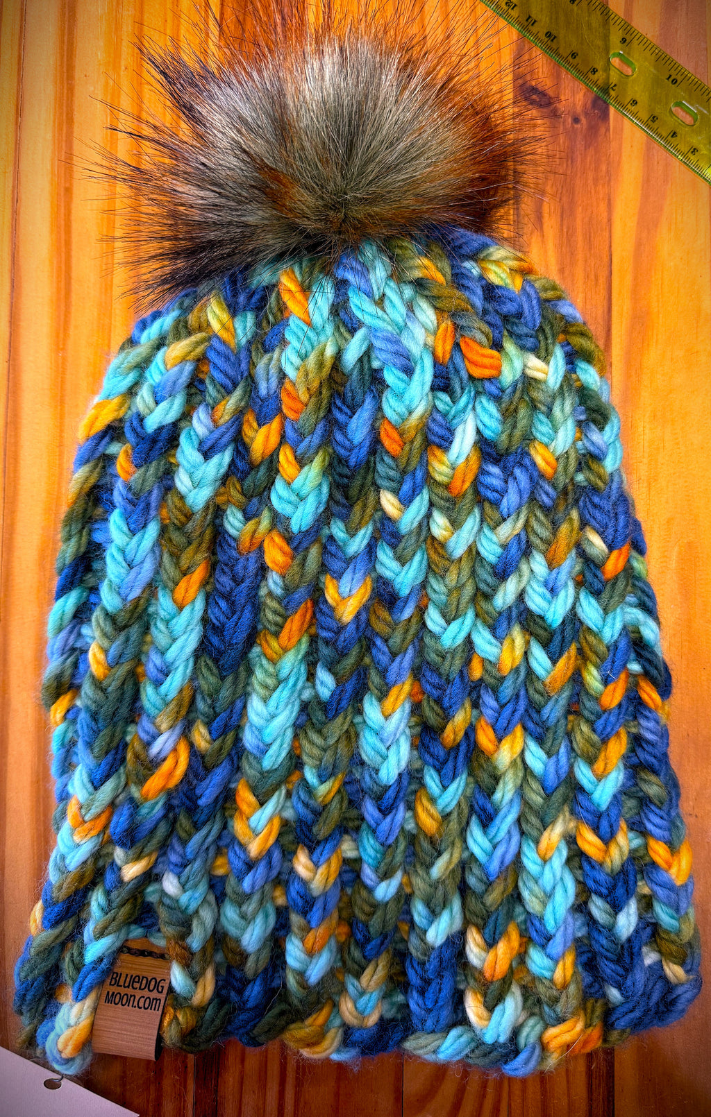 Chunky Monkey Pom Pom Hand Knit Hat-Greens, Blues & Golds/Soft Green/Rust/Tipped Black Pom-Pom