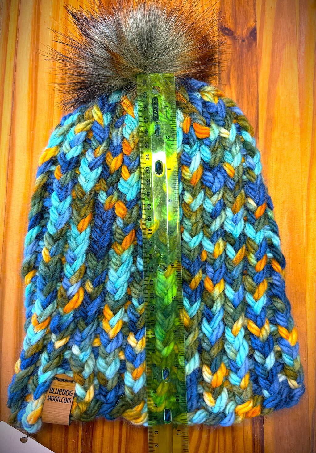 Chunky Monkey Pom Pom Hand Knit Hat-Greens, Blues & Golds/Soft Green/Rust/Tipped Black Pom-Pom