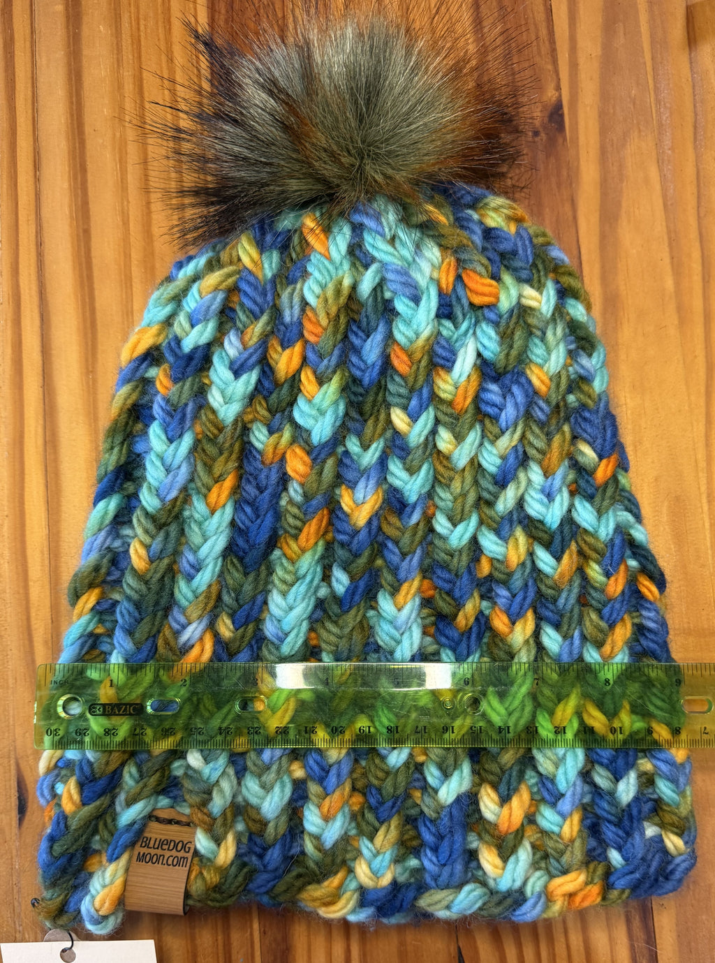 Chunky Monkey Pom Pom Hand Knit Hat-Greens, Blues & Golds/Soft Green/Rust/Tipped Black Pom-Pom