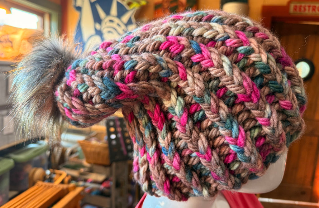 Chunky Monkey Pom Pom Hand Knit Hat-Blues, Fuchsia and Taupe w/Silver & Copper Pom-Pom