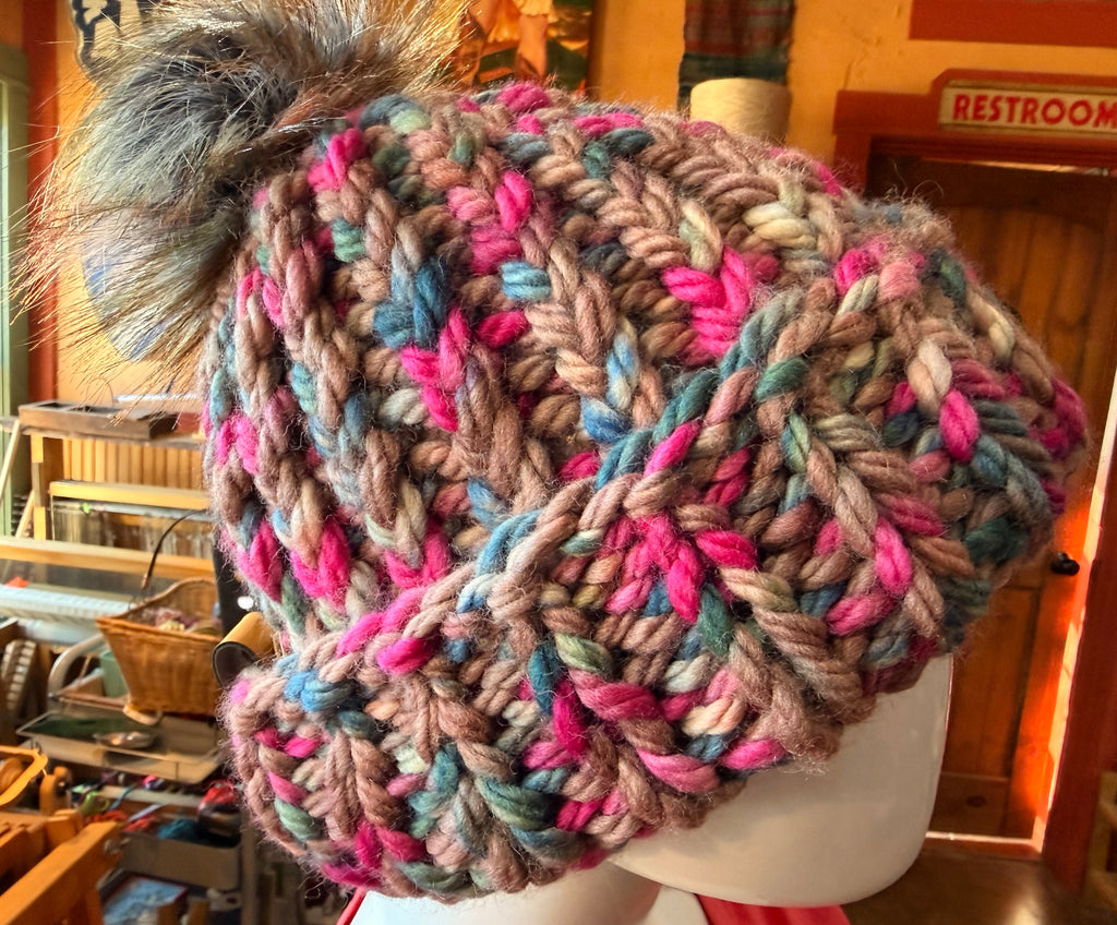 Chunky Monkey Pom Pom Hand Knit Hat-Blues, Fuchsia and Taupe w/Silver & Copper Pom-Pom