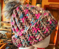 Chunky Monkey Pom Pom Hand Knit Hat-Blues, Fuchsia and Taupe w/Silver & Copper Pom-Pom